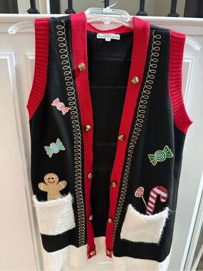 Festive Black & Red Holiday Sweater Vest‎ with Embroidered Candy Motifs